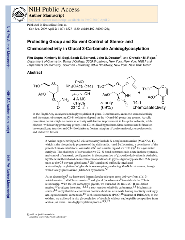 (PDF) Protecting Group and Solvent Control of Stereo- and ...