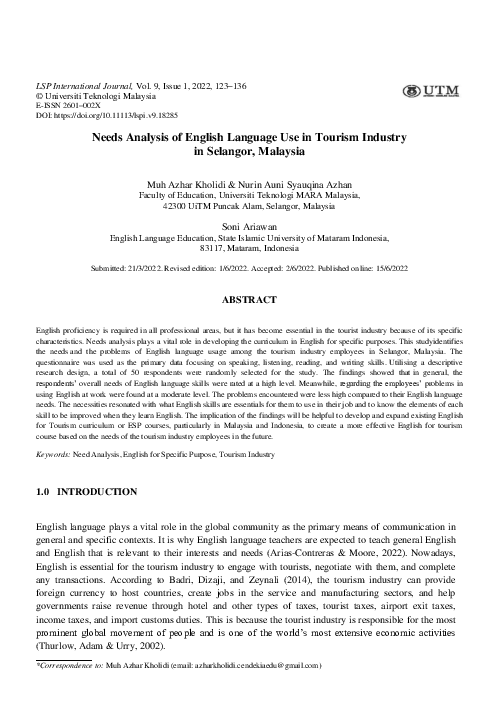 (PDF) Needs Analysis of English Language Use in Tourism Industry in ...