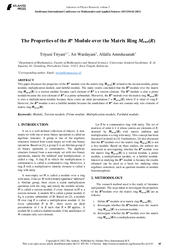 (PDF) The Properties of the R n Module over the Matrix Ring Mn n (R