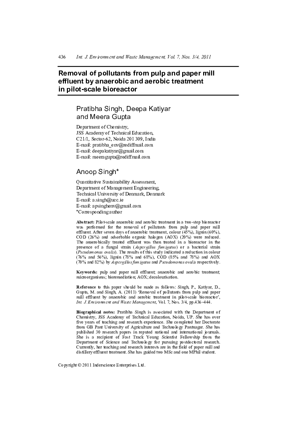 (PDF) Removal of pollutants from pulp and paper mill effluent by ...