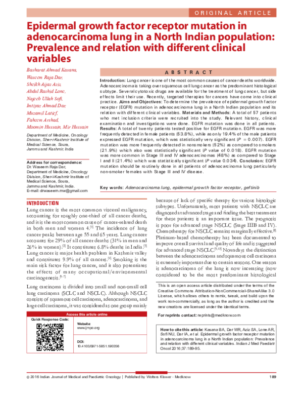 (PDF) Epidermal growth factor receptor mutation in adenocarcinoma lung ...