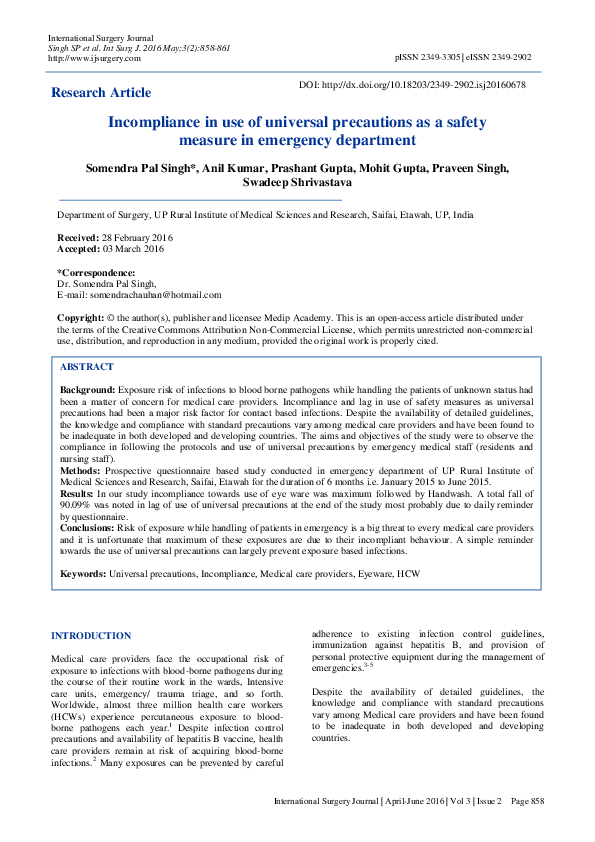 (PDF) Incompliance in use of universal precautions as a safety measure ...