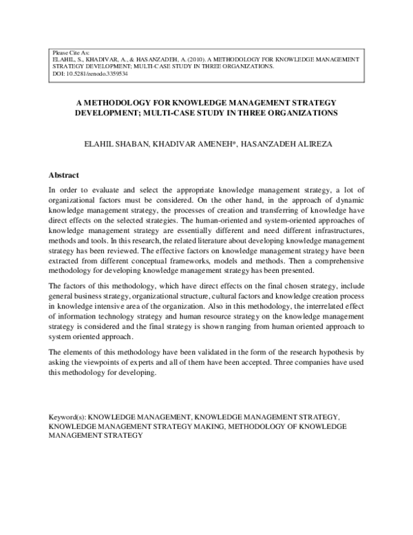 (PDF) A Methodology for Knowledge Management Strategy Development ...