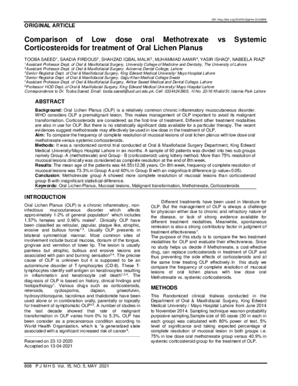 (PDF) Comparison of low dose oral Methotrexate vs Systemic ...