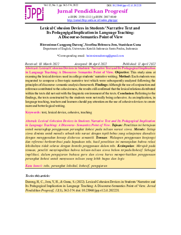 (PDF) Lexical Cohesion Devices in Students’ Narrative Text and Its ...