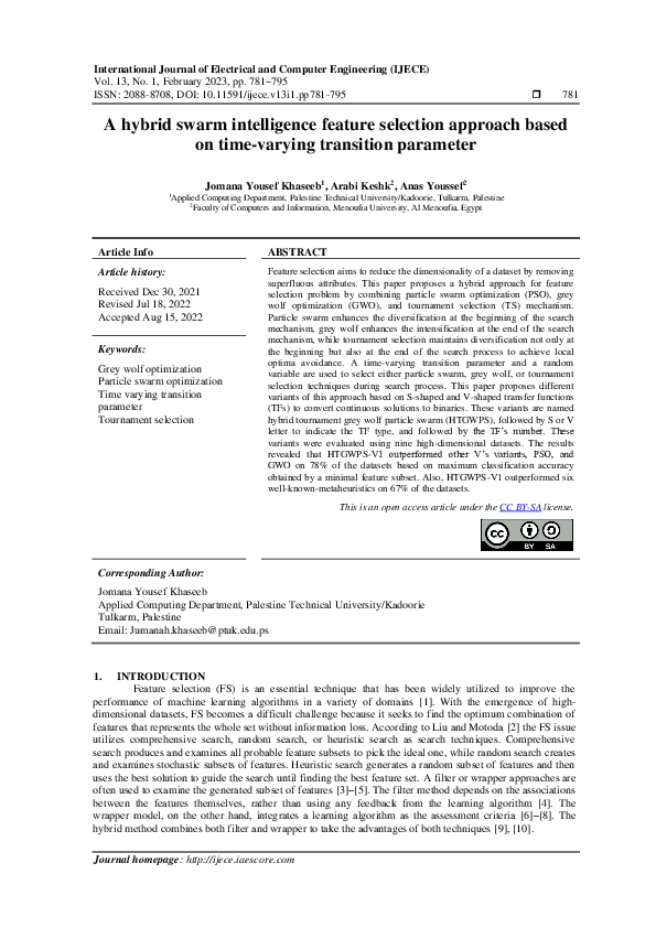 (PDF) A hybrid swarm intelligence feature selection approach based on ...