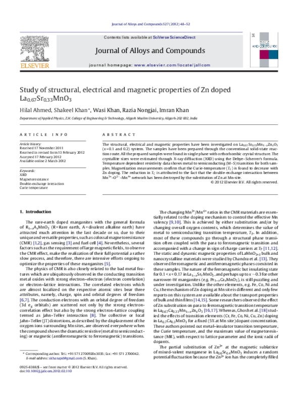 (PDF) Study of structural, electrical and magnetic properties of Zn ...