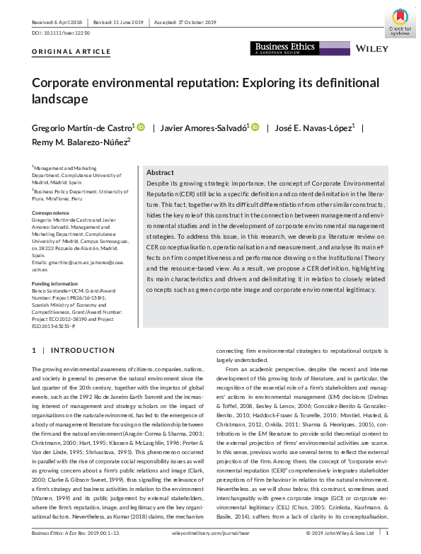 (PDF) Corporate environmental reputation: Exploring its definitional ...