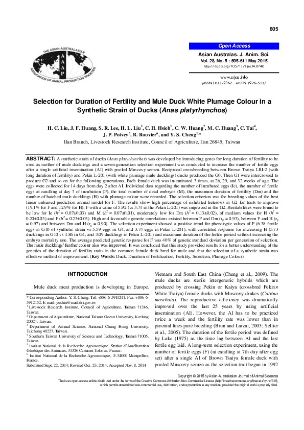 (PDF) Selection for Duration of Fertility and Mule Duck White Plumage ... - Impact Of Cold On Duck Fertility