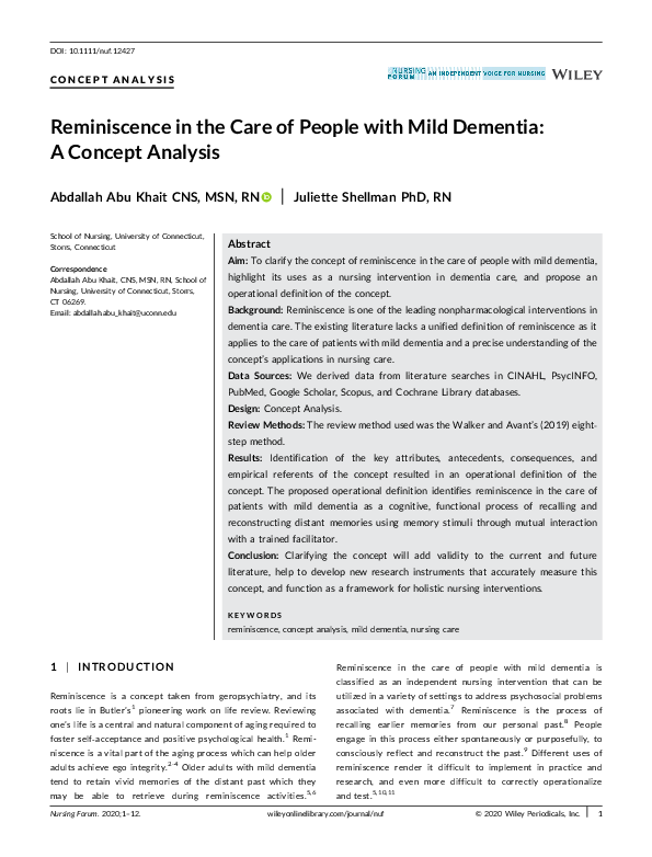 (PDF) Reminiscence in the Care of People with Mild Dementia: A Concept ...