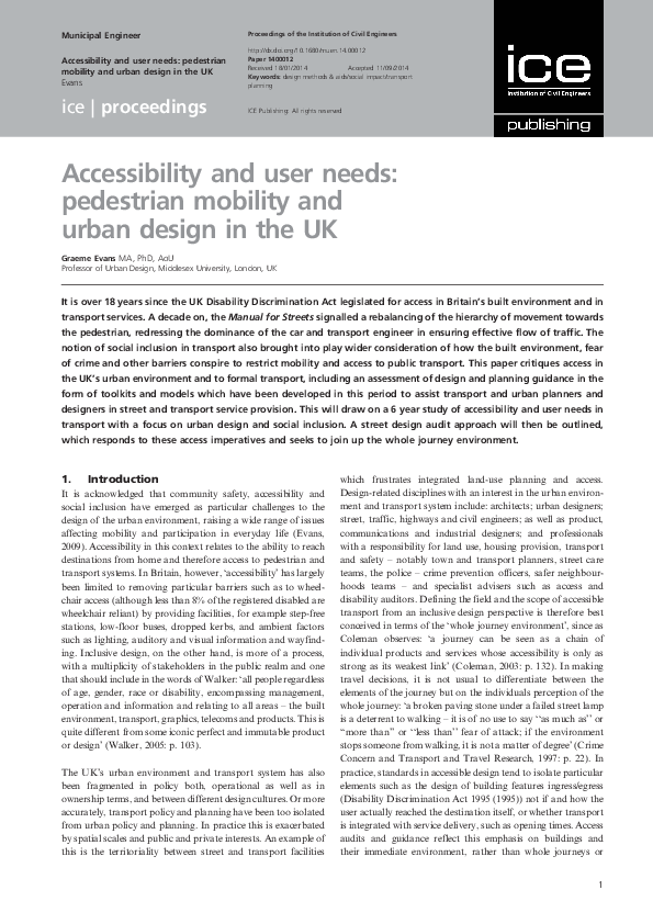 (PDF) Accessibility and user needs: pedestrian mobility and urban ...