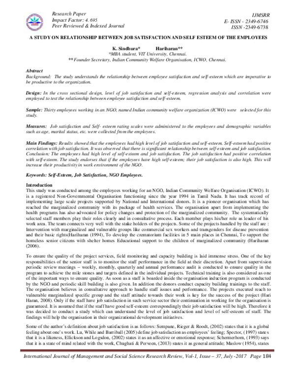 (PDF) A STUDY ON RELATIONSHIP BETWEEN JOB SATISFACTION AND SELF ESTEEM ...
