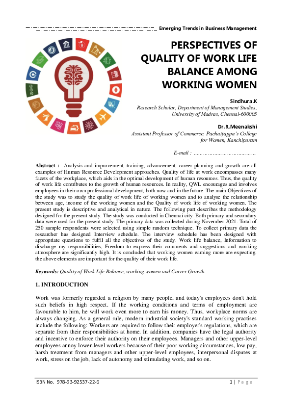 (PDF) PERSPECTIVES OF QUALITY OF WORK LIFE BALANCE AMONG WORKING WOMEN