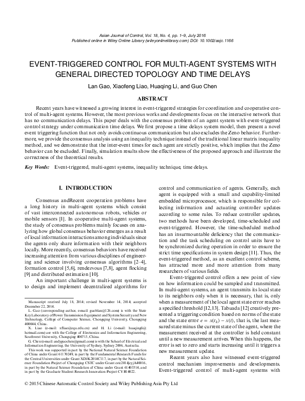 (PDF) EVENT-TRIGGERED CONTROL FOR MULTI-AGENT SYSTEMS WITH GENERAL ...