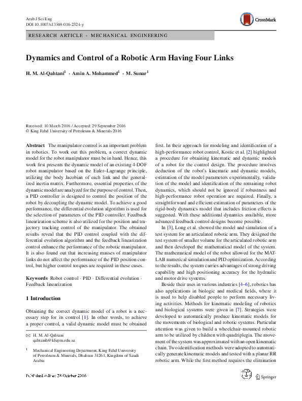 (PDF) Dynamics and Control of a Robotic Arm Having Four Links