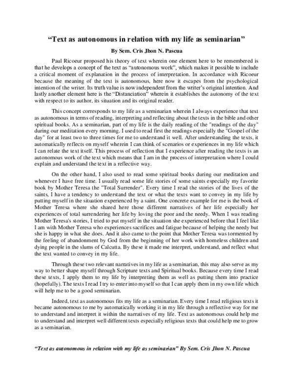 (PDF) “Text as autonomous in relation with my life as seminarian”