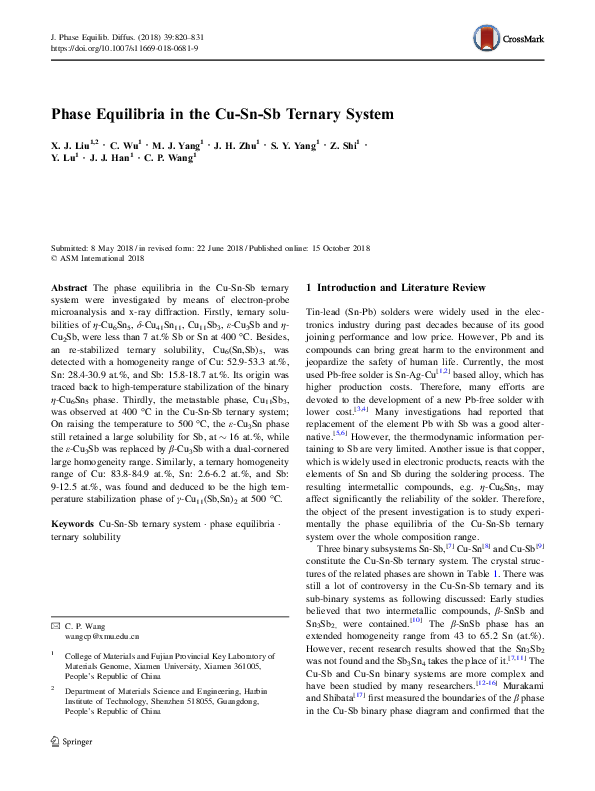(PDF) Phase Equilibria in the Cu-Sn-Sb Ternary System
