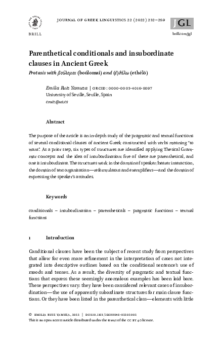 (PDF) Parenthetical conditionals and insubordinate clauses in Ancient Greek
