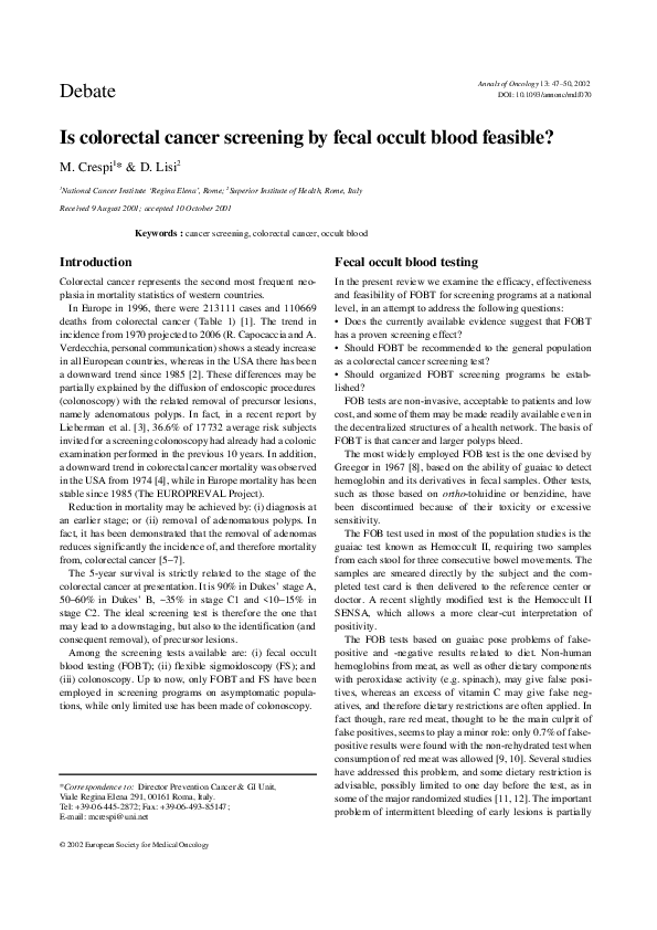 (PDF) Is colorectal cancer screening by fecal occult blood feasible?