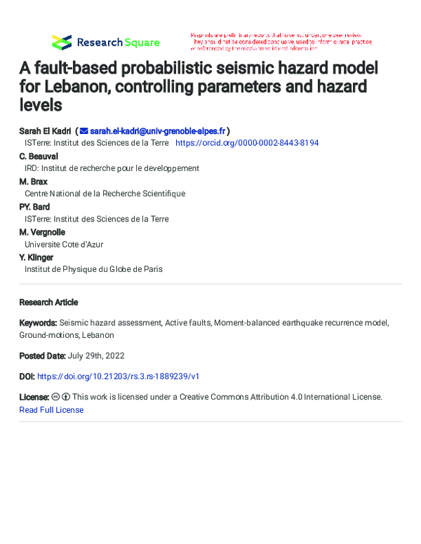 (PDF) A fault-based probabilistic seismic hazard model for Lebanon ...