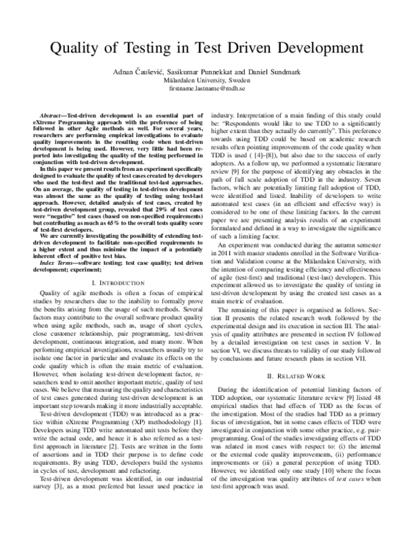 (PDF) Quality of testing in test driven development