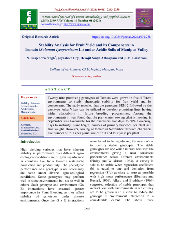 (PDF) Stability Analysis for Fruit Yield and its Components in Tomato ...