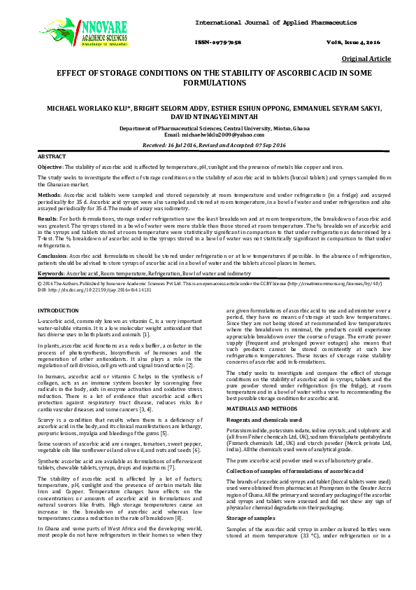 (PDF) Effect of Storage Conditions on the Stability of Ascorbic Acid in ...