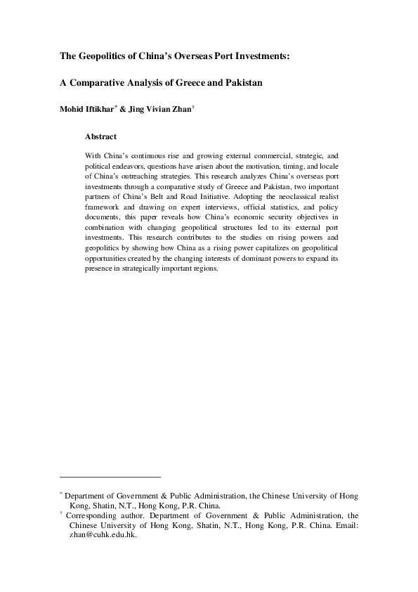 (PDF) The Geopolitics of China’s Overseas Port Investments: A ...