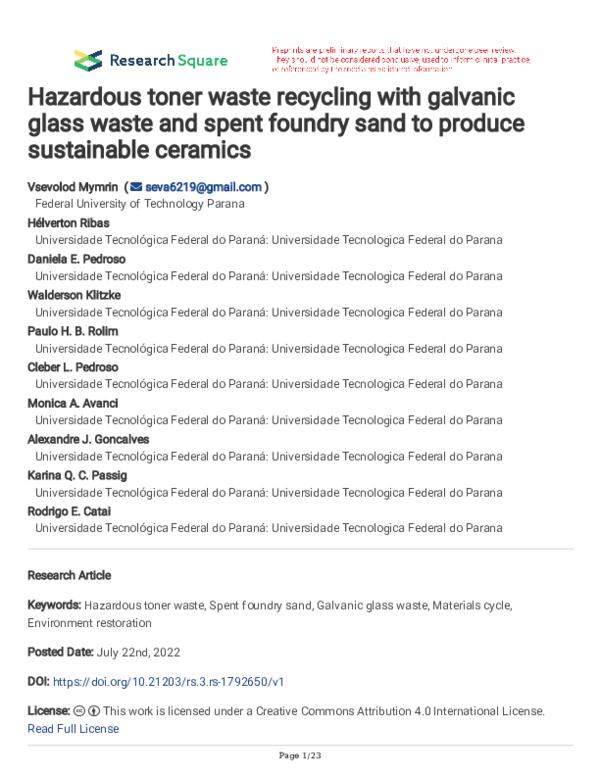 (PDF) Hazardous toner waste recycling with galvanic glass waste and