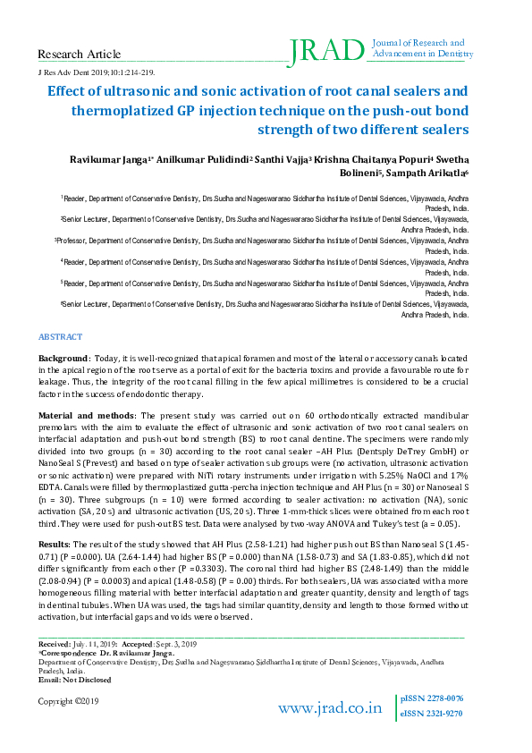 (PDF) Effect of ultrasonic and sonic activation of root canal sealers ...
