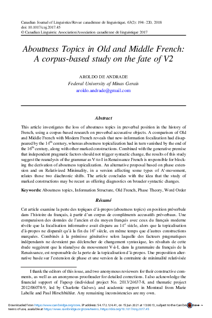 (PDF) Aboutness Topics in Old and Middle French: A corpus-based study ...