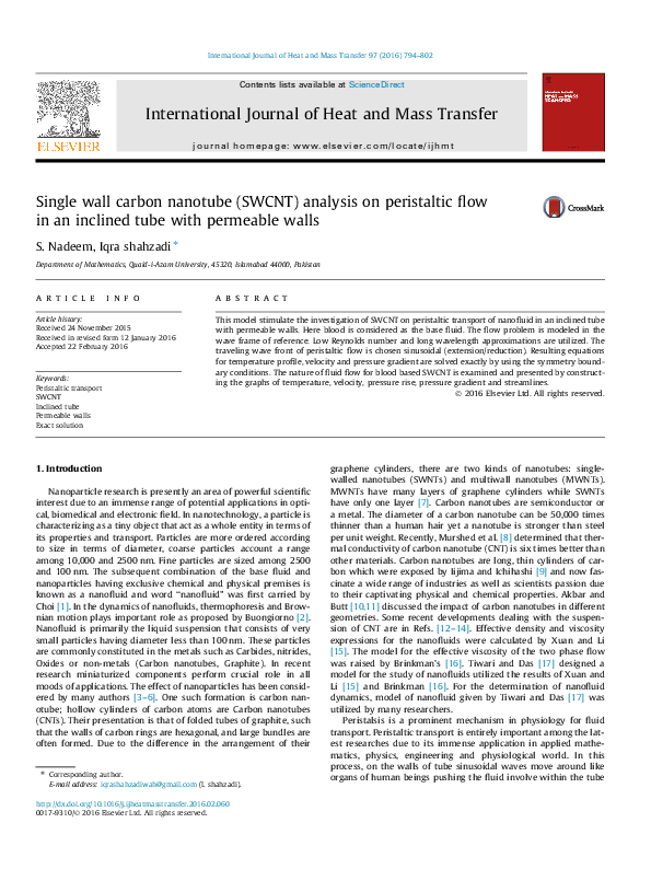 (PDF) Single wall carbon nanotube (SWCNT) analysis on peristaltic flow ...