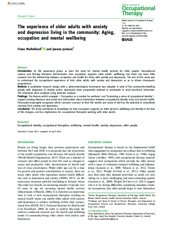 (PDF) The experience of older adults with anxiety and depression living ...