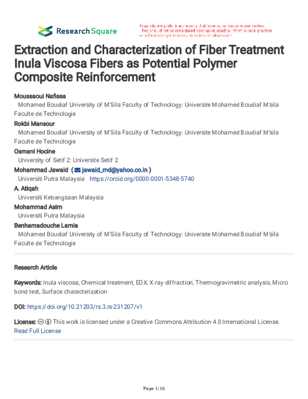 (PDF) Extraction and Characterization of Fiber Treatment Inula viscosa ...