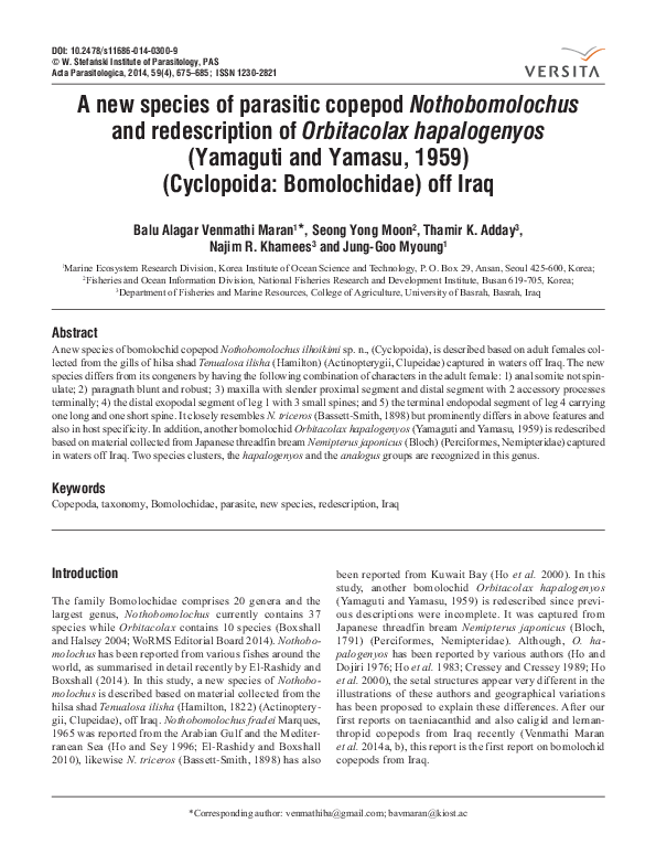 (PDF) A new species of parasitic copepod Nothobomolochus and ...