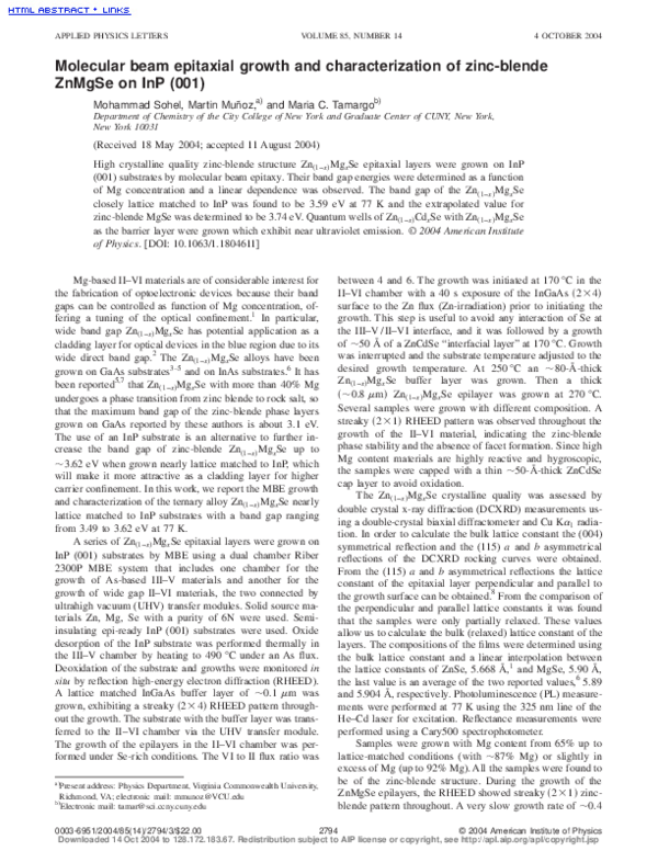 (PDF) Molecular beam epitaxial growth and characterization of zinc ...