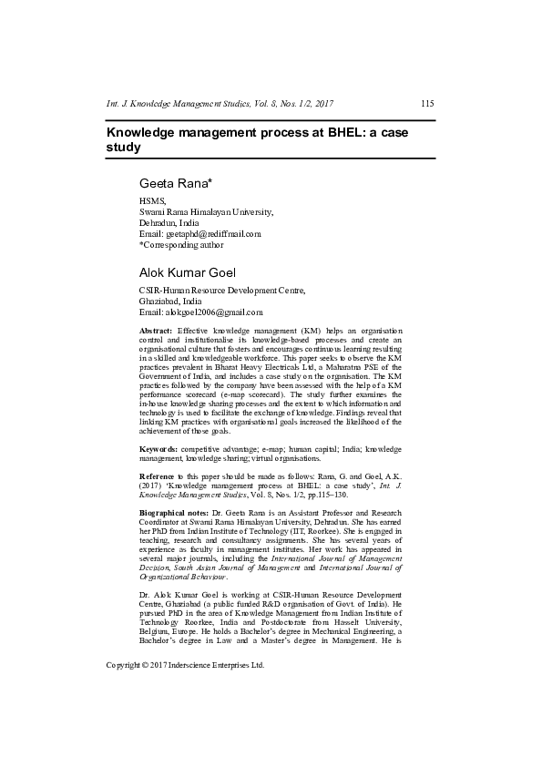 (PDF) Knowledge management process at BHEL: a case study