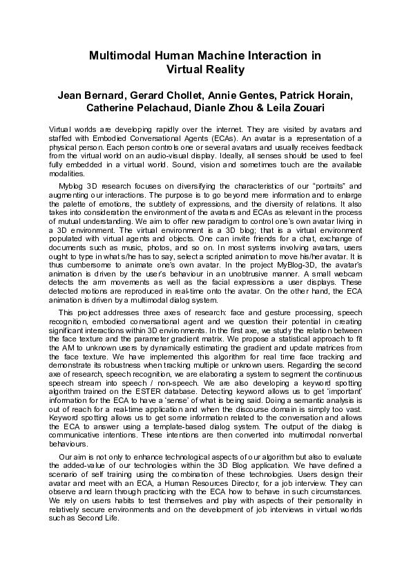 (PDF) Multimodal human machine interaction in virtual reality