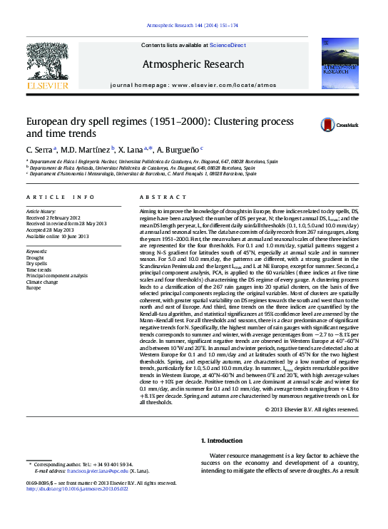 (PDF) European dry spell regimes (1951–2000): Clustering process and ...