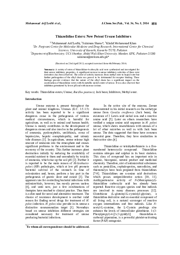 (PDF) Thiazolidine Esters: New Potent Urease Inhibitors