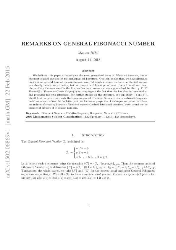 (PDF) Remarks On General Fibonacci Numbers