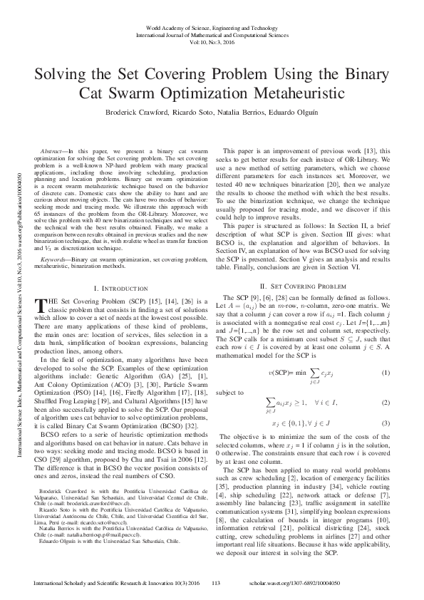 (PDF) Solving The Set Covering Problem Using The Binary Cat Swarm ...