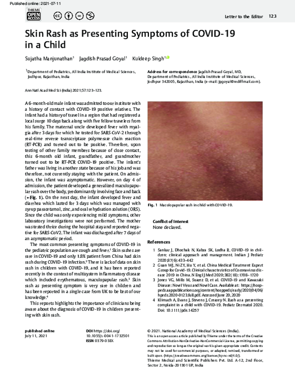 (PDF) Skin Rash as Presenting Symptoms of COVID-19 in a Child