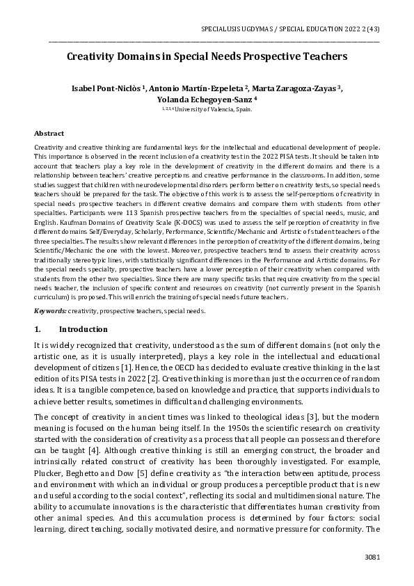 (PDF) Creativity domains in special needs prospective teachers