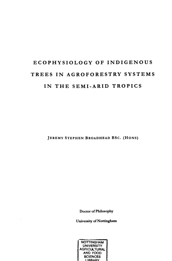 (PDF) Ecophysiology of indigenous trees in agroforestry systems in the ...