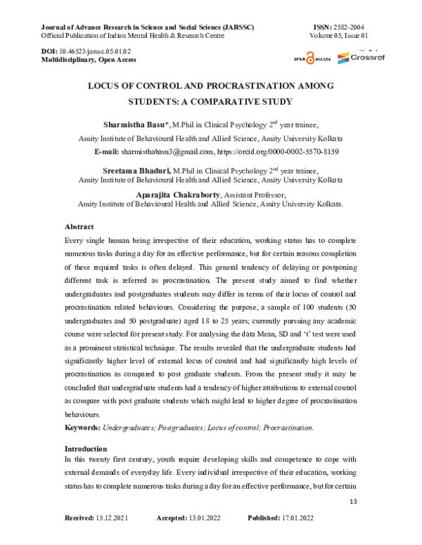 (PDF) Locus of Control and Procrastination Among Students: A ...