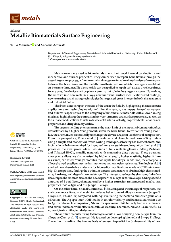 (PDF) Metallic Biomaterials Surface Engineering
