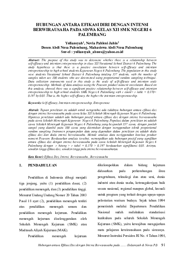 Hubungan Antara Efikasi Diri Dengan Intensi Berwirausaha Pada Siswa Kelas XII SMK Negeri 6 Palembang