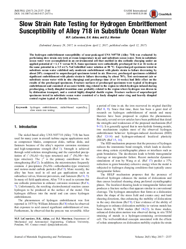 (PDF) Slow Strain Rate Testing for Hydrogen Embrittlement ...