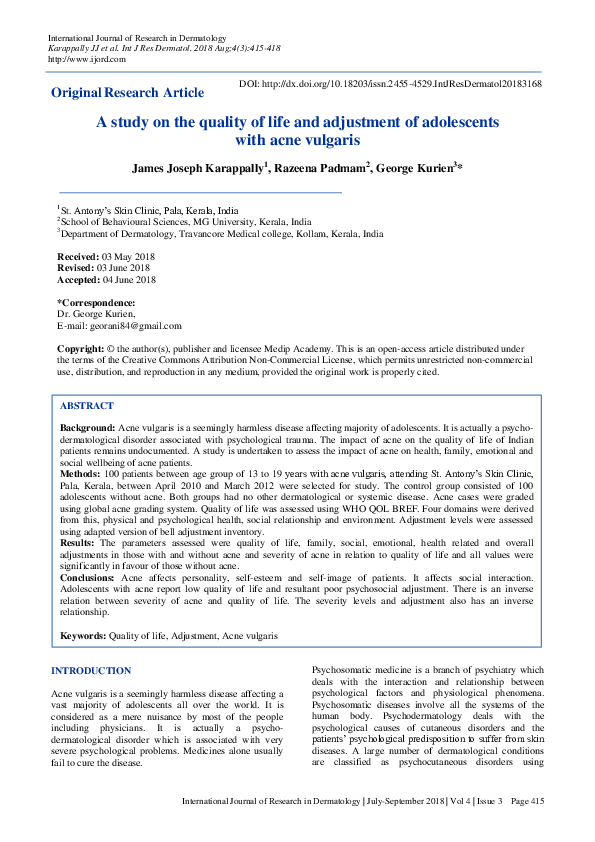 (PDF) A study on the quality of life and adjustment of adolescents with ...